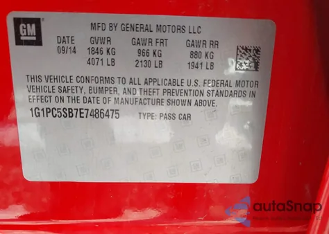 2014 Chevrolet Cruze 1Lt Auto из США, поврежденный, VIN 1G1PC5SB7E7486475